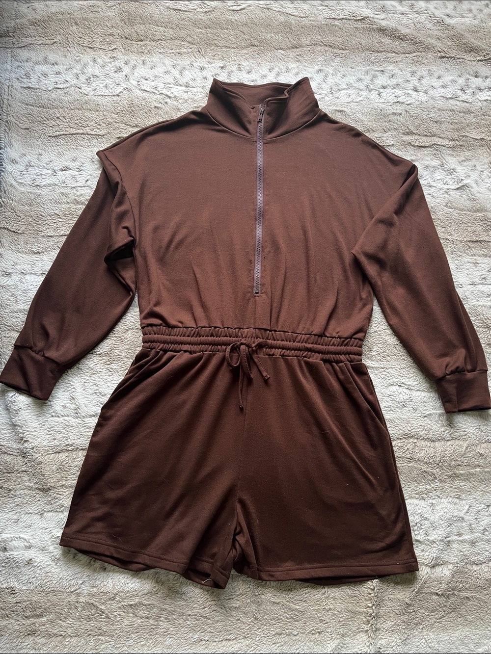 Brown Half-Zip Long Sleeve Romper